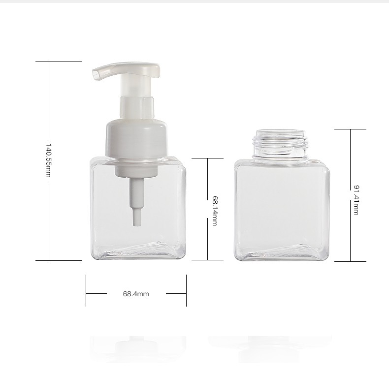 250ml Foam Bottle Clear Facial Mousse Liquid Bottle Foursquare Plastic Container with Foam Pump